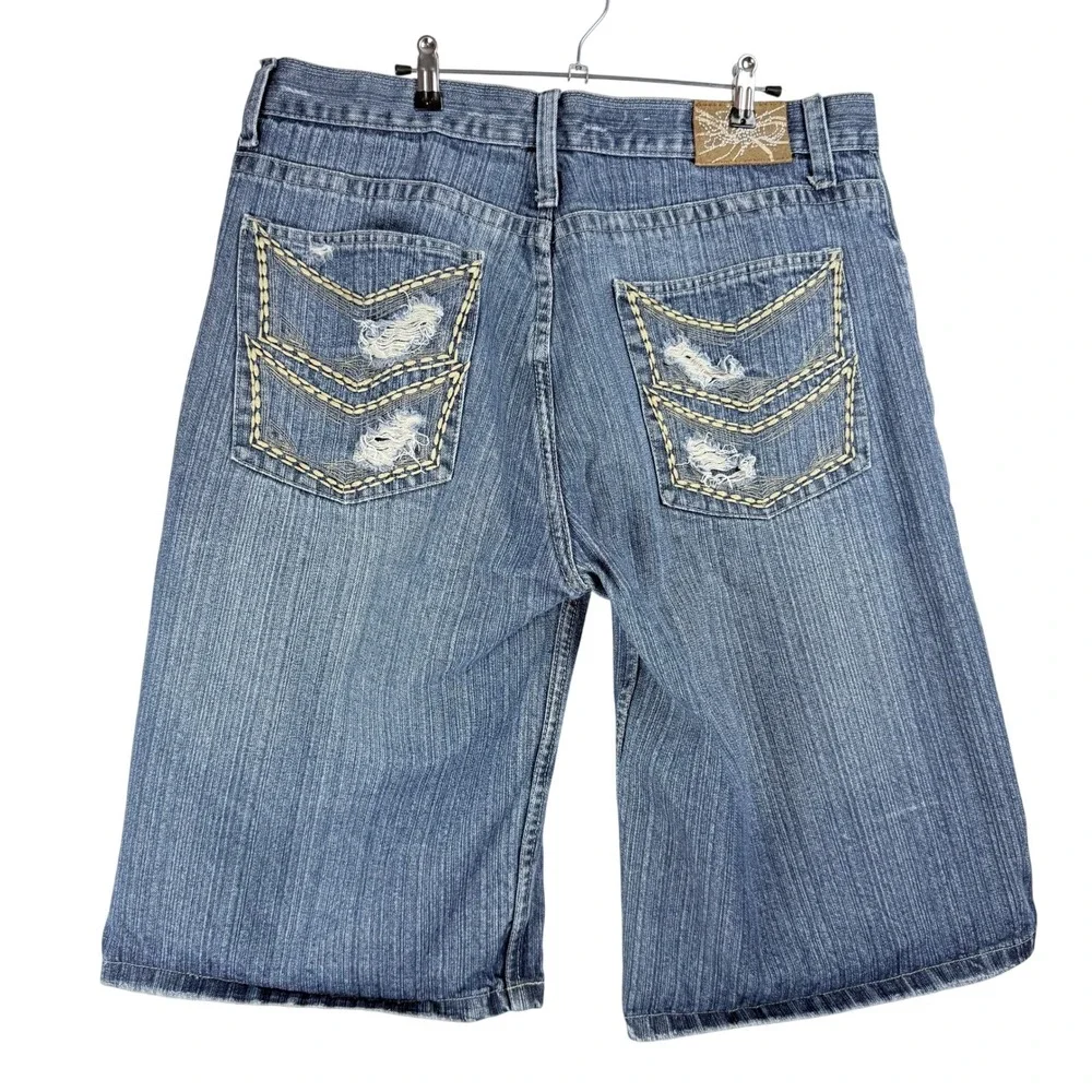 Vintage Y2K Baggy Denim Shorts Blue Embroidered Jorts Mens W40‎ L15 RN118005